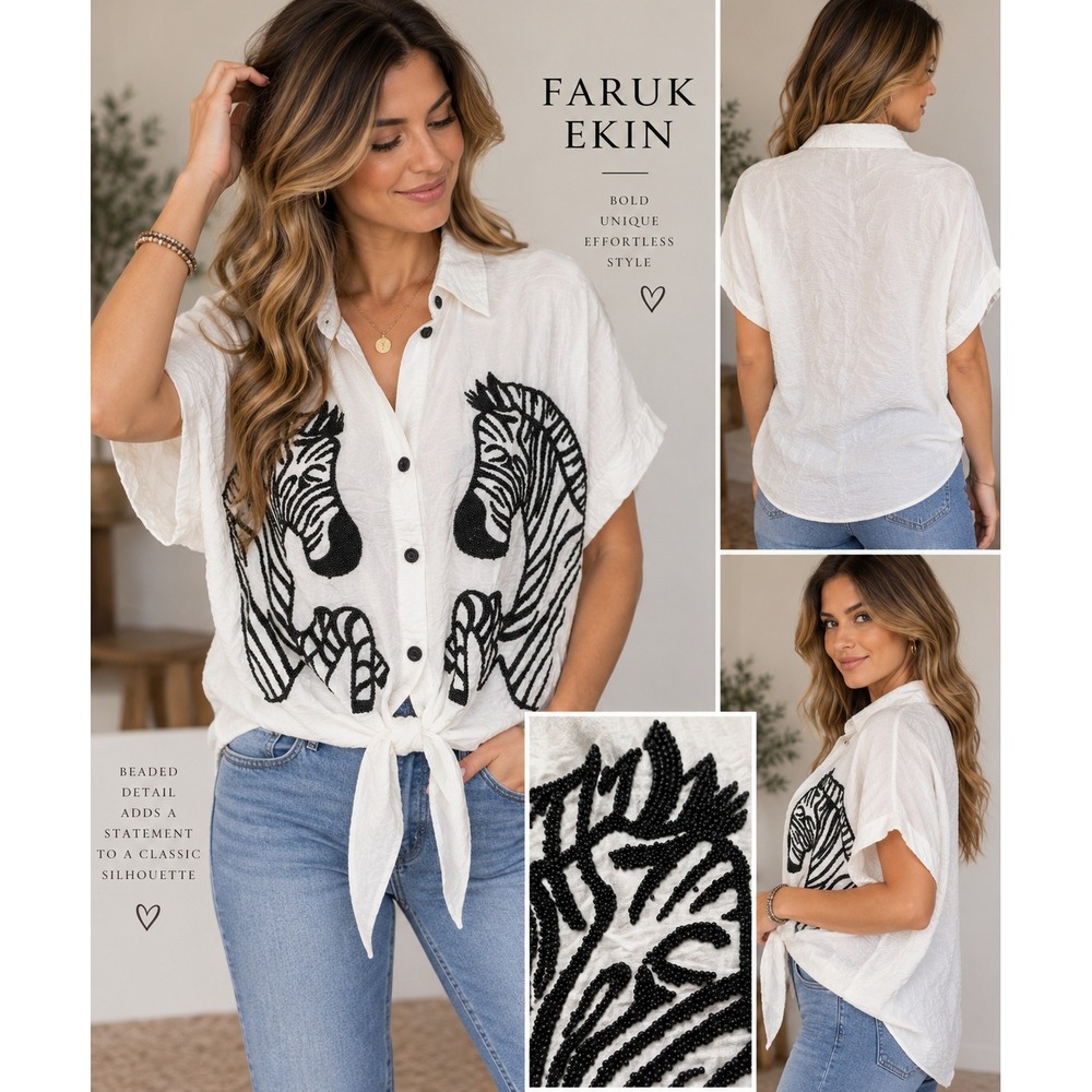 Faruk Ekin Shirt Beaded Zebra Textured Tie Front Boho White XL